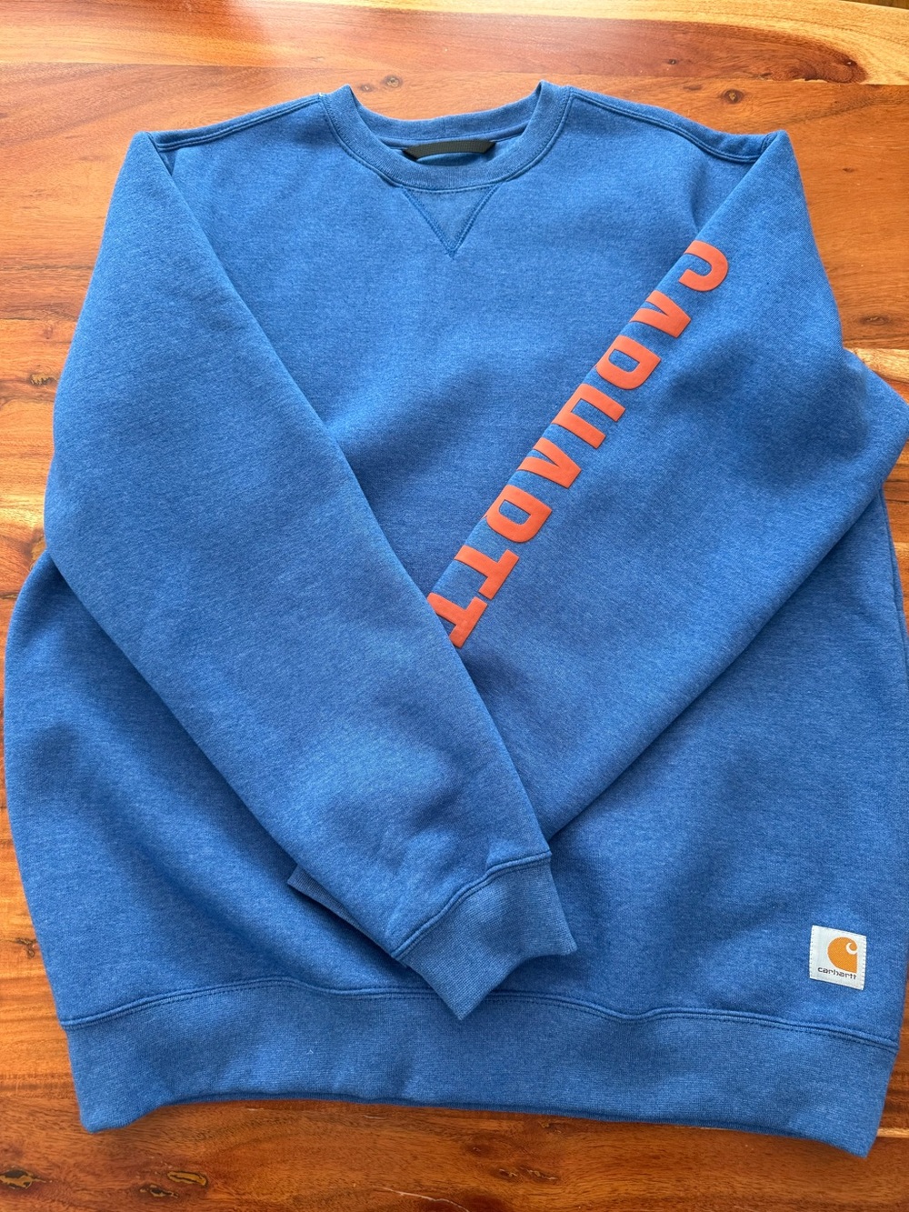 Mens Carhartt Blue Crewneck Sweatshirt with Orange Sleeve Logo